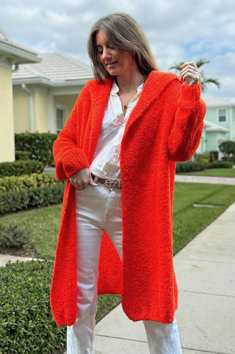 Gilet long à capuche en maille bouclettes orange