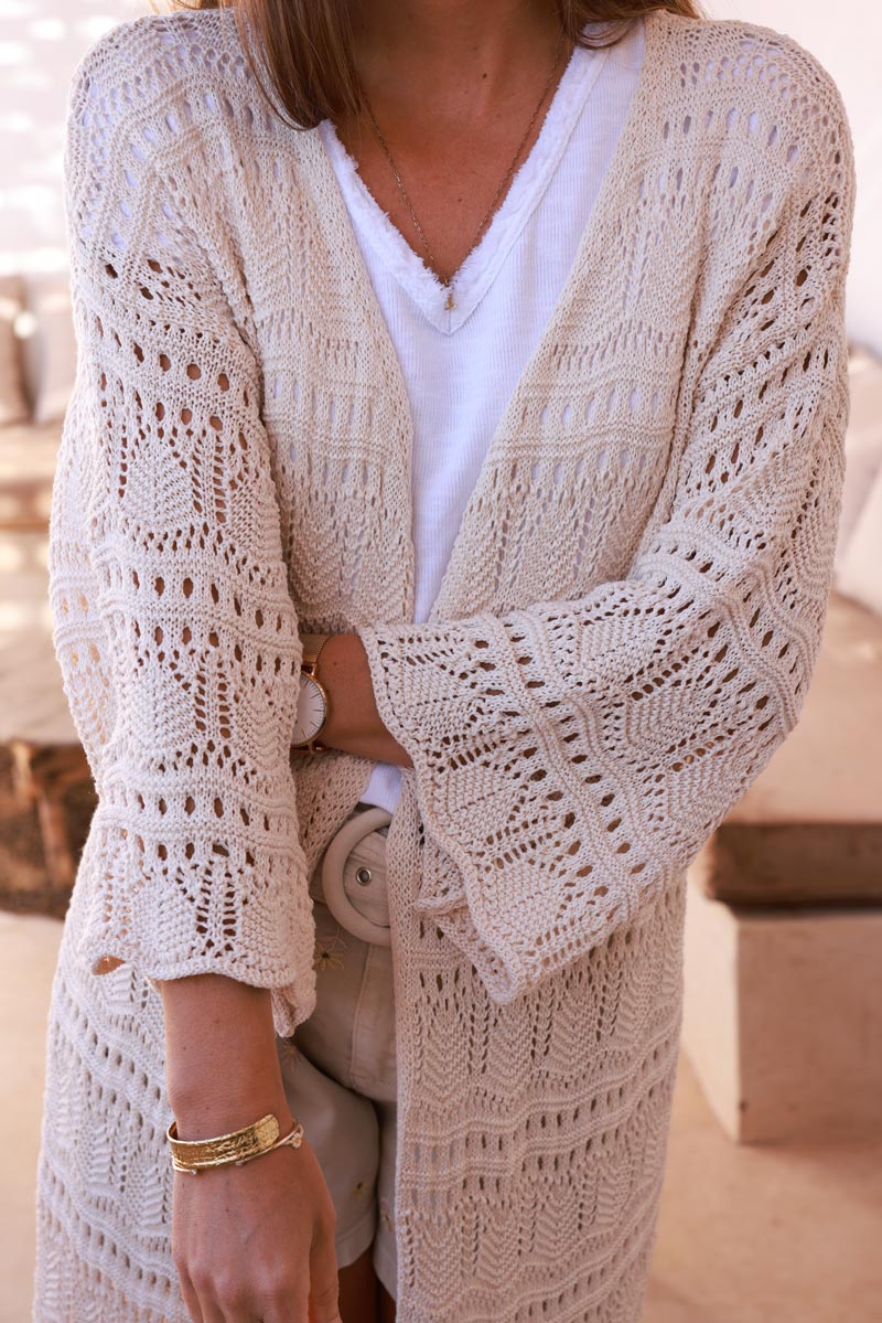 Tricot Gilet Long Femme Gilet Grosse Maille Beige Femme Boho