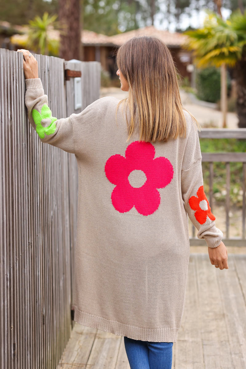 Longline beige cardigan with colourful flowers on elbows and back