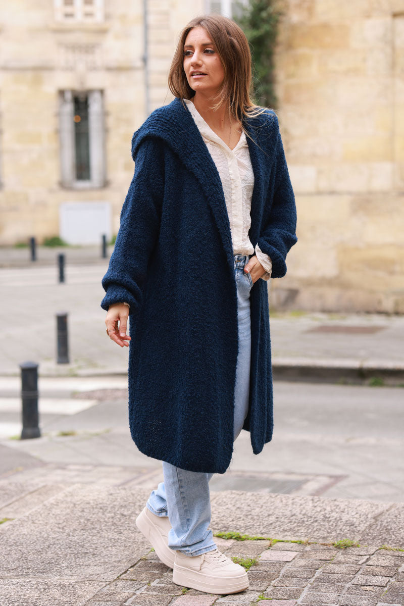 Navy Blue Sweater Knit Hooded Duster Jacket