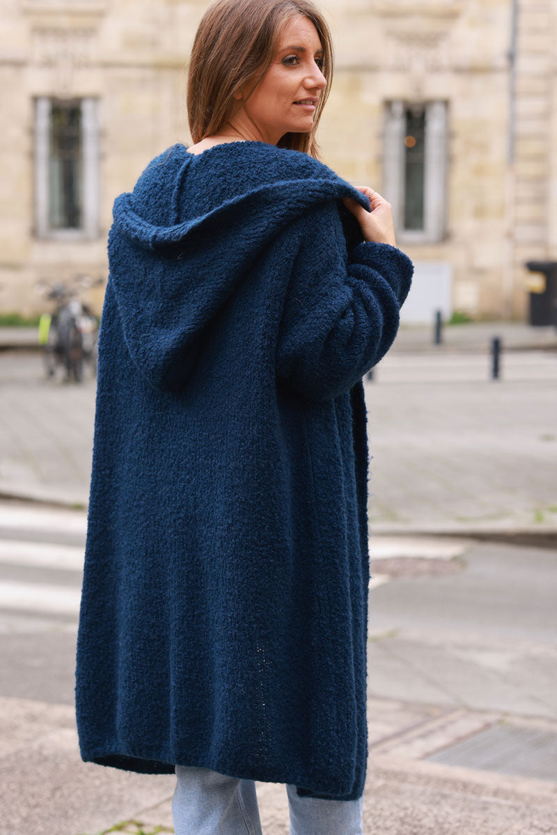 Navy Blue Sweater Knit Hooded Duster Jacket