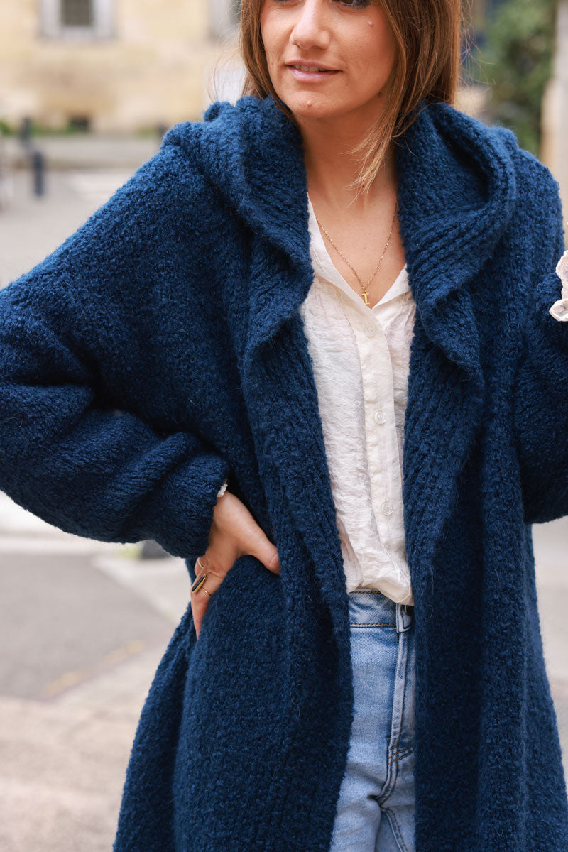 Navy Blue Sweater Knit Hooded Duster Jacket