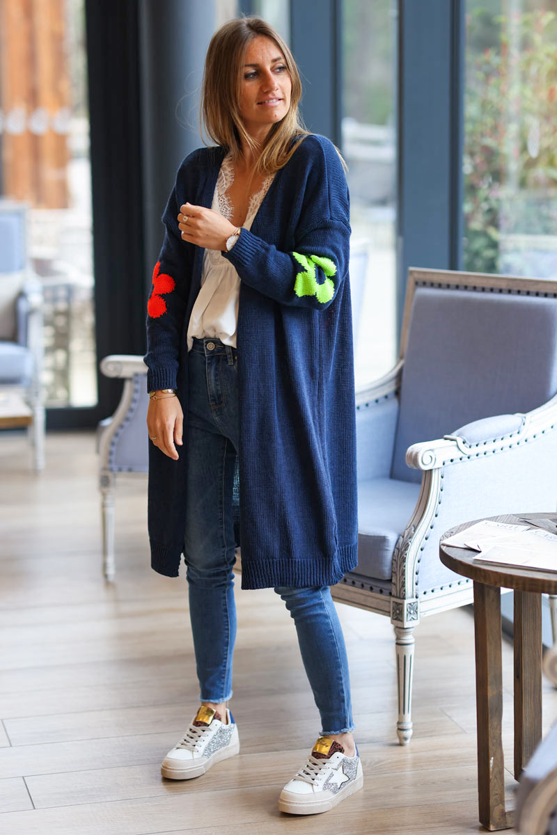 Longline navy blue cardigan with colourful flowers on elbows and back