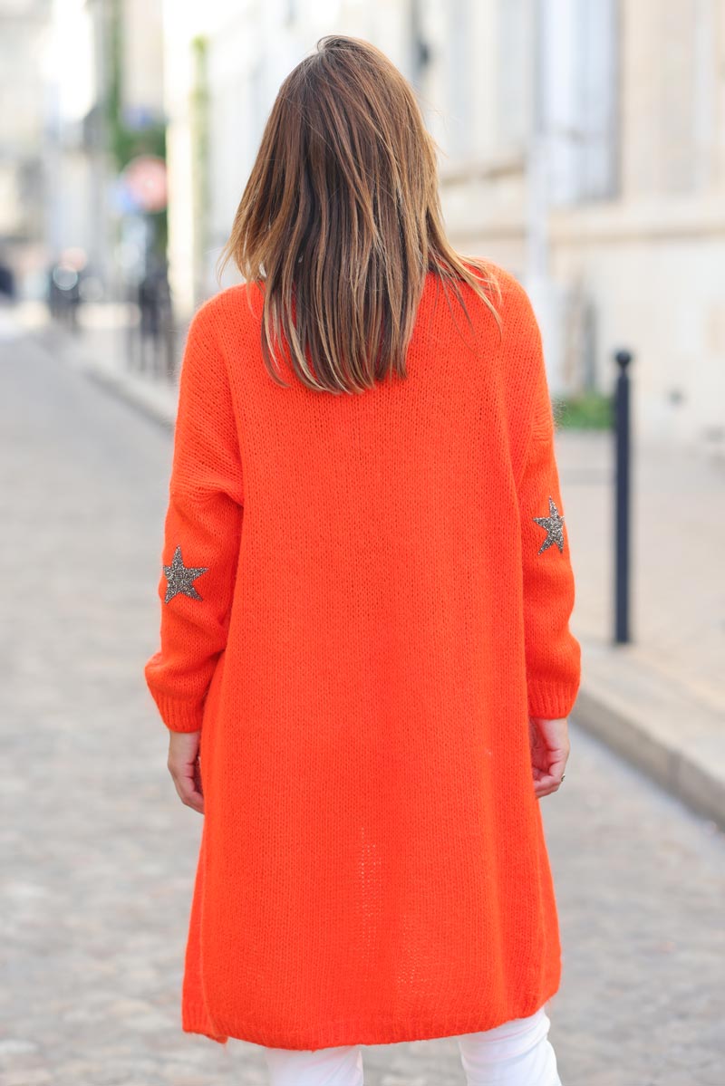 Gilet long et droit orange sanguine en maille etoile strass aux coudes E034 (1)