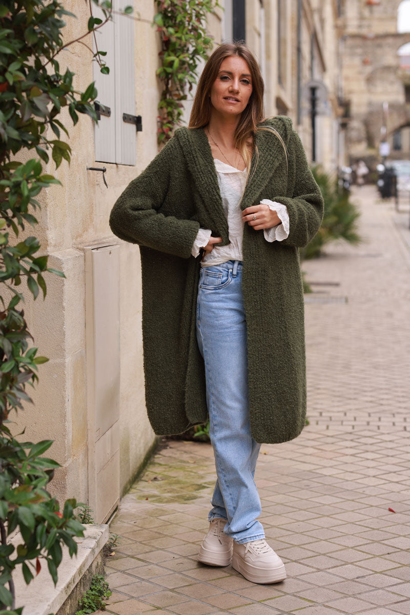 Khaki Sweater Knit Hooded Duster Jacket