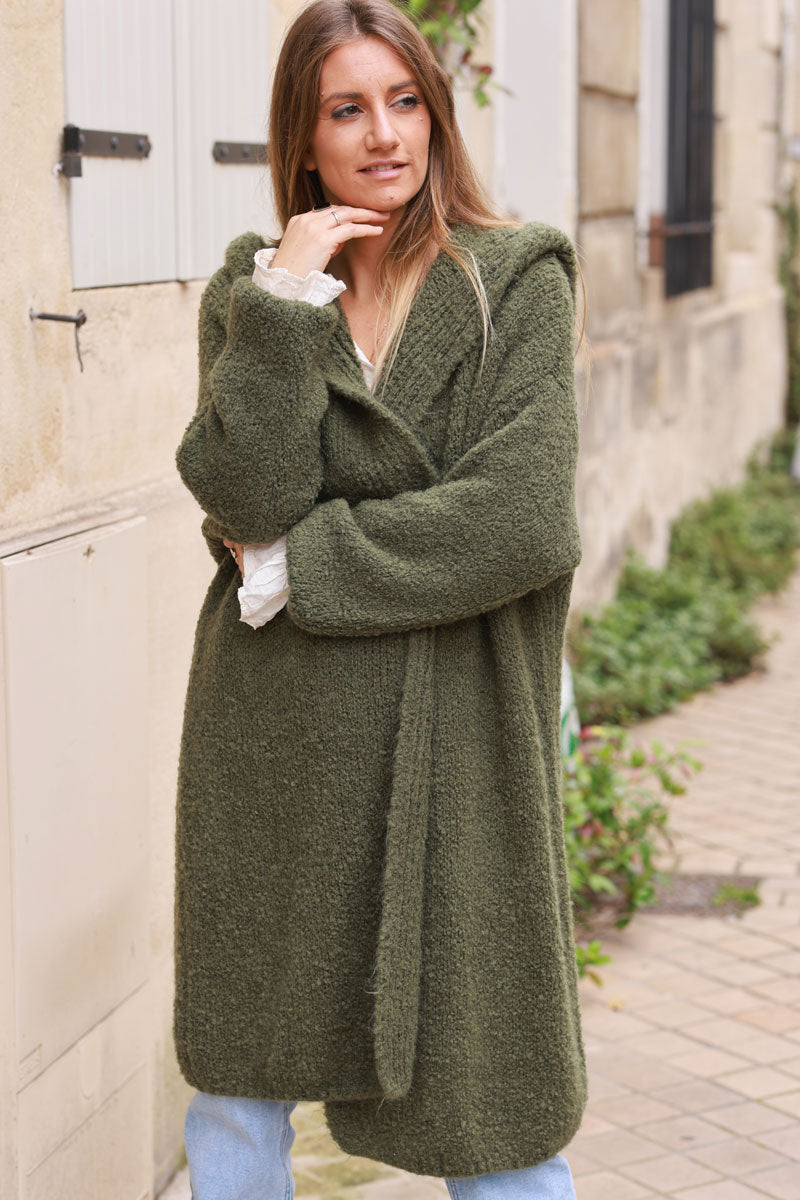 Khaki Sweater Knit Hooded Duster Jacket