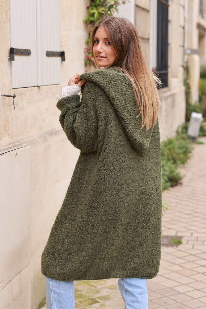 Khaki Sweater Knit Hooded Duster Jacket