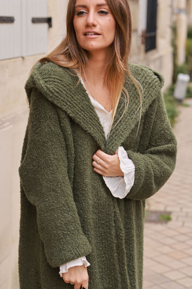 Khaki Sweater Knit Hooded Duster Jacket