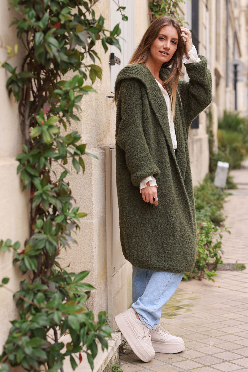 Khaki Sweater Knit Hooded Duster Jacket