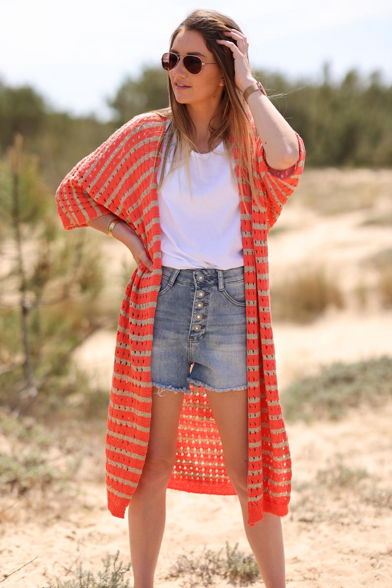 Orange cotton knit long cardigan with gold stripes