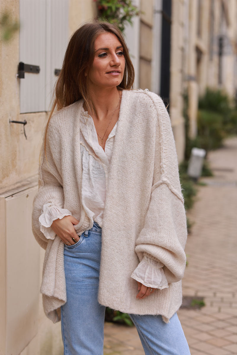 Beige Knit Oversized Sweater Jacket