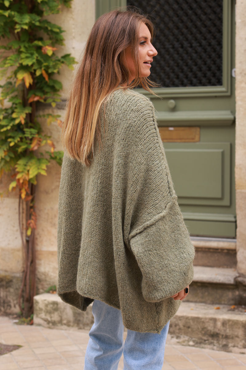 Khaki Knit Oversized Sweater Jacket