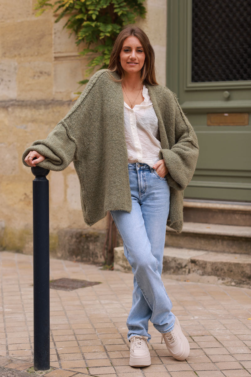 Khaki Knit Oversized Sweater Jacket