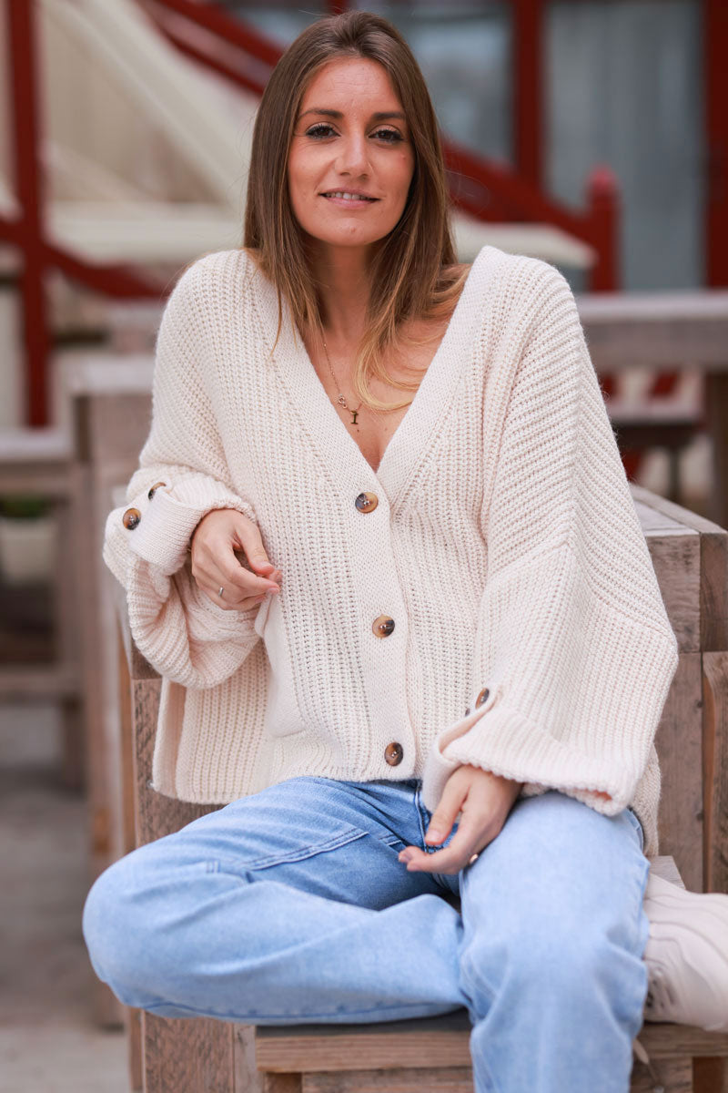 Cream Ribbed Knit Sweater Cardigan