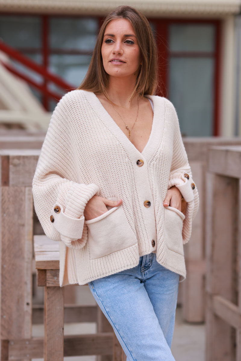 Cream Ribbed Knit Sweater Cardigan