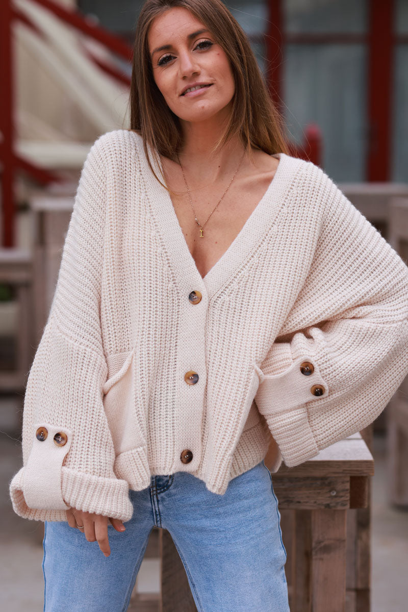 Cream Ribbed Knit Sweater Cardigan