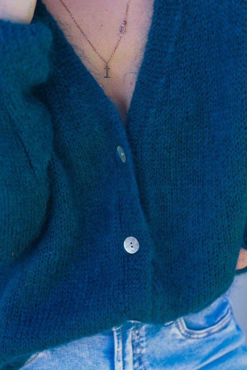 Peacock blue knitted button through cardigan