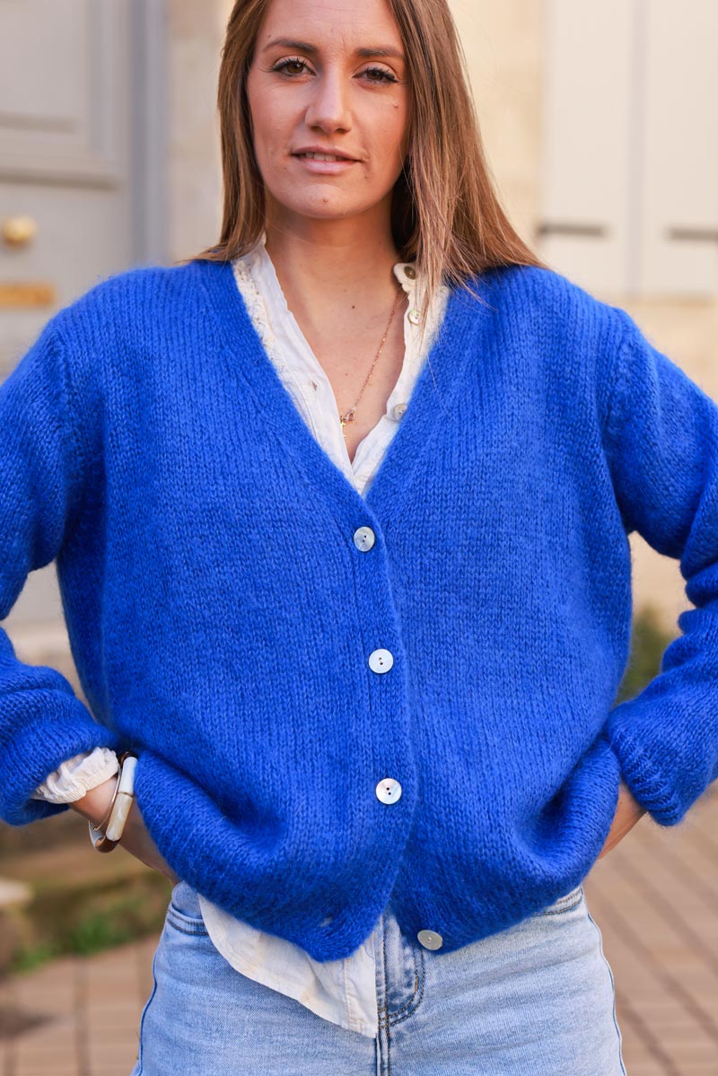 Royal blue knitted button through cardigan