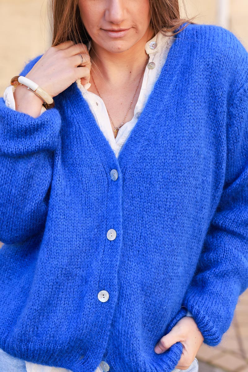 Royal blue knitted button through cardigan