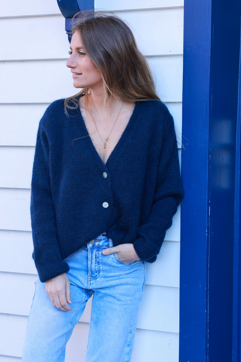 Navy blue knitted button through cardigan