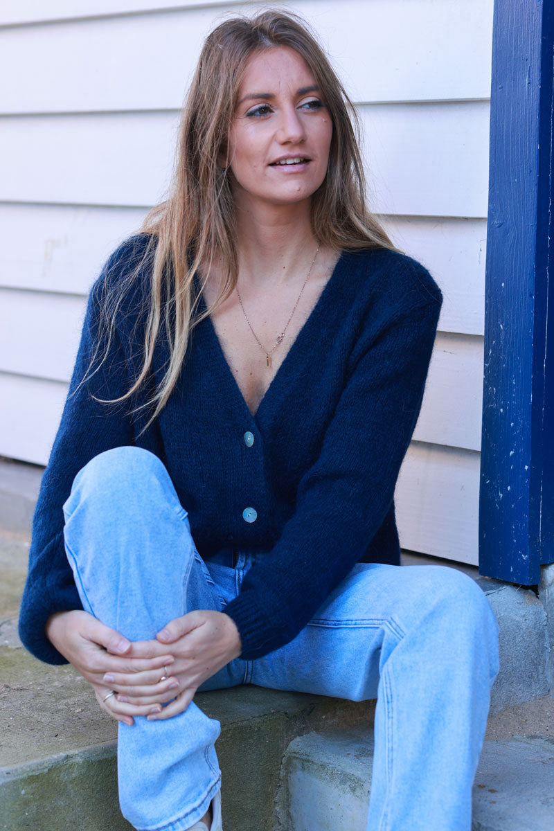 Navy blue knitted button through cardigan