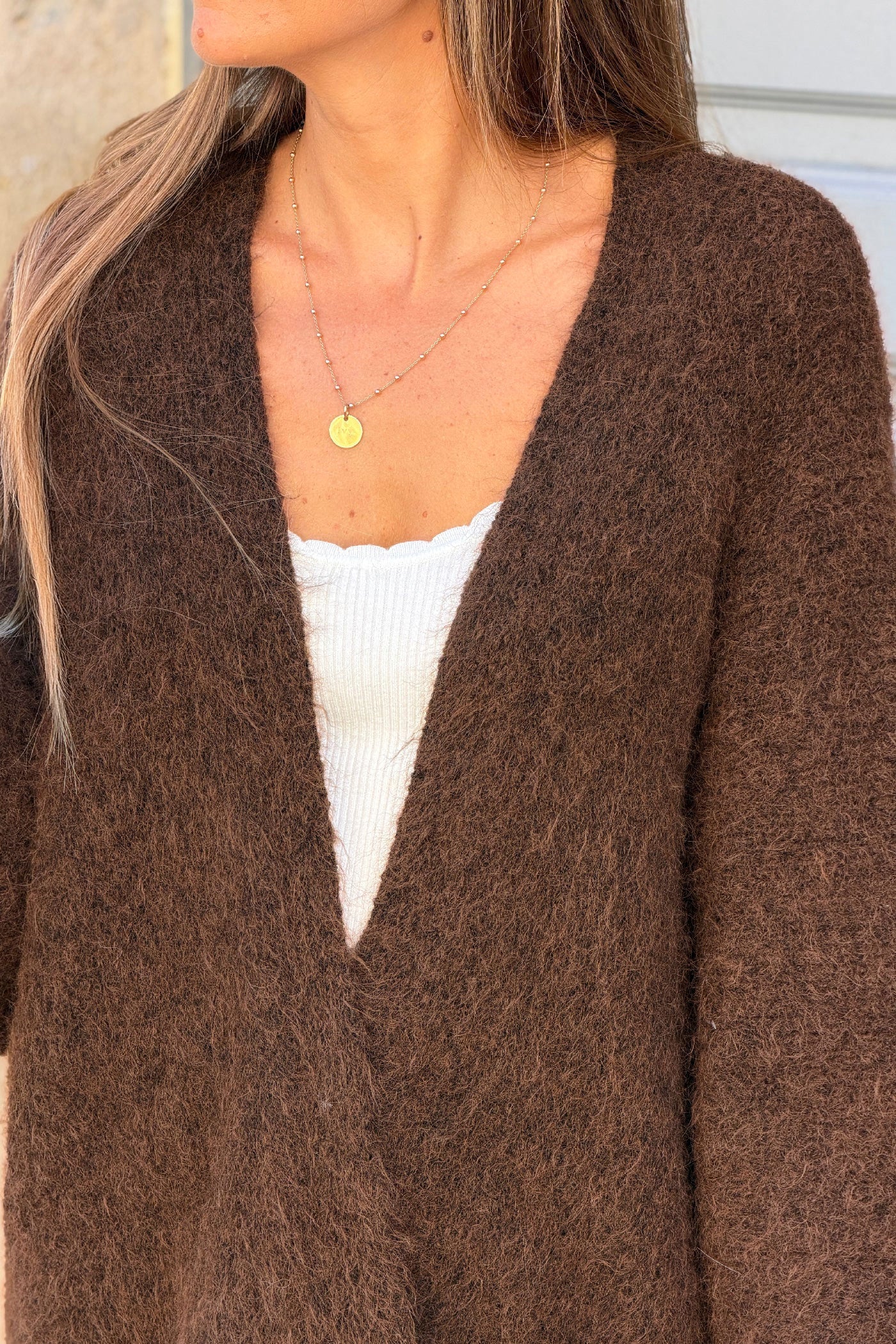Brown Wool Blend Bell Sleeve Knit Cardigan