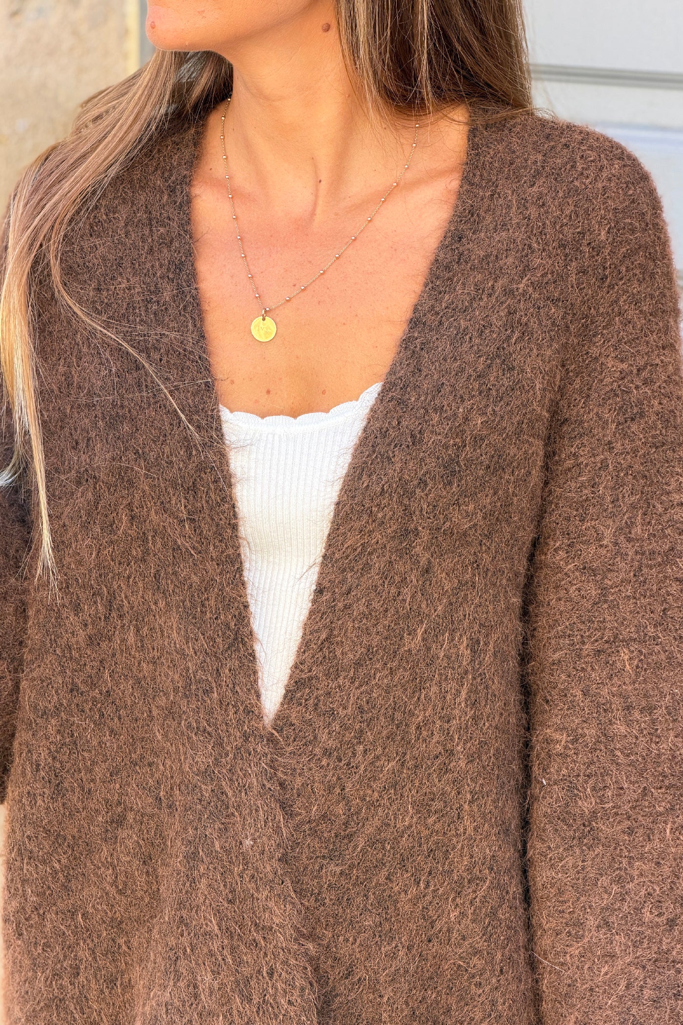 Gilet marron chiné en maille coupe loose manches chauve-souris trois-quarts