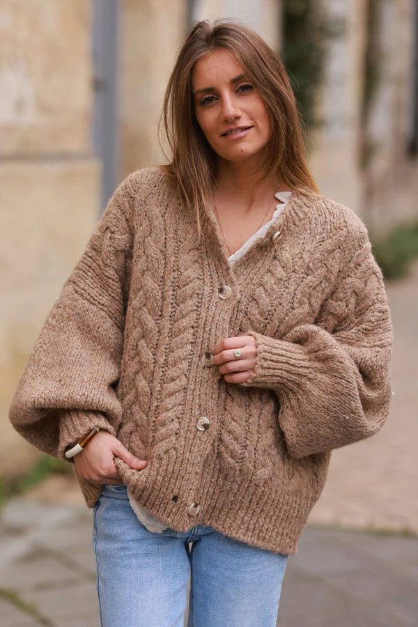 Heather Brown Chunky Cable Knit Cardigan