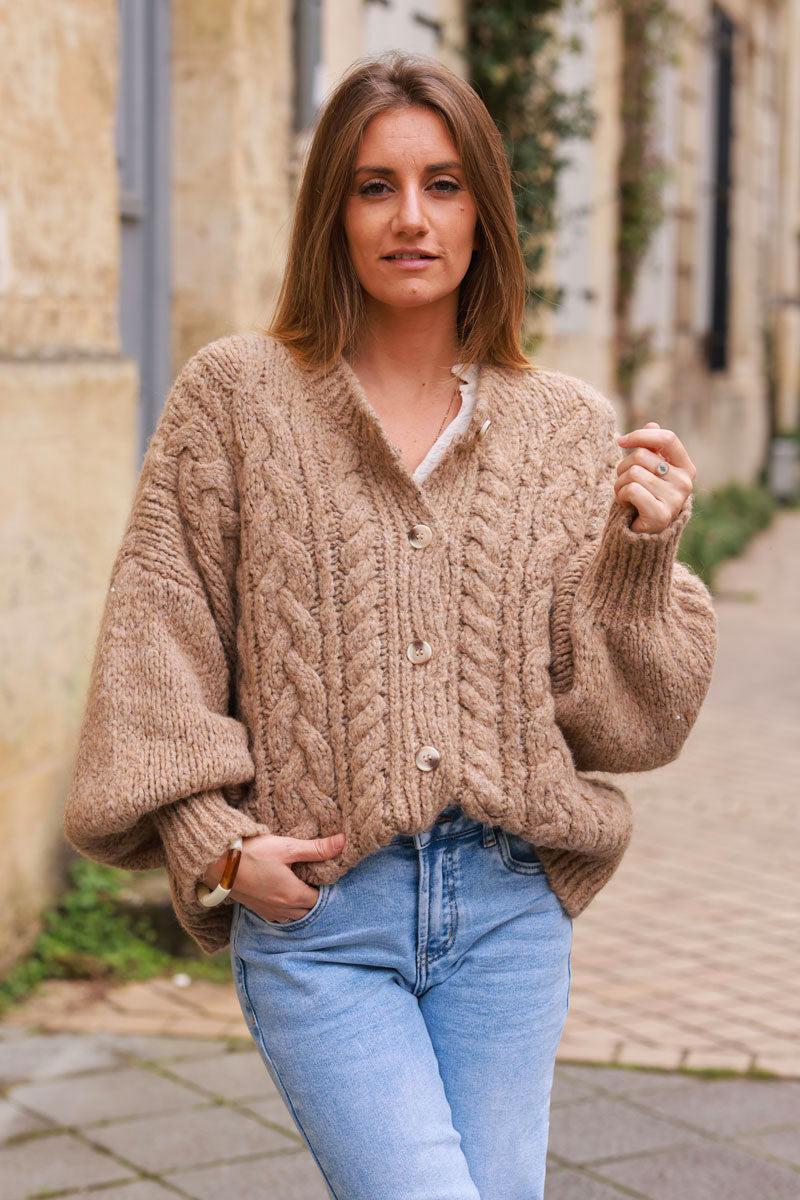 Brown Chunky Cable Knit Cardigan