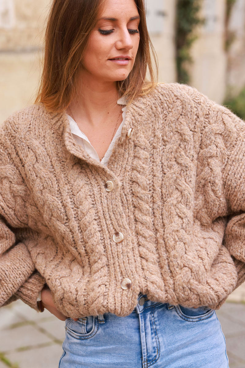 Brown Chunky Cable Knit Cardigan