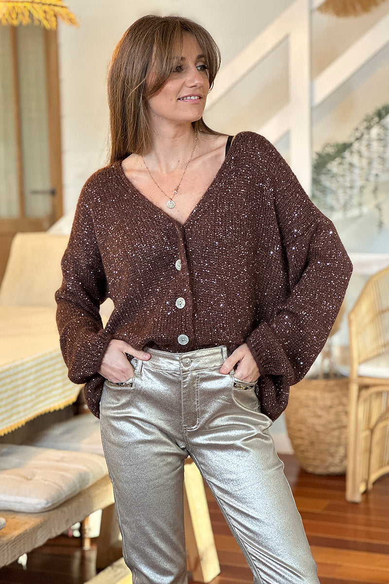 Chocolate Brown Sparkle Knit Button-Down Cardigan