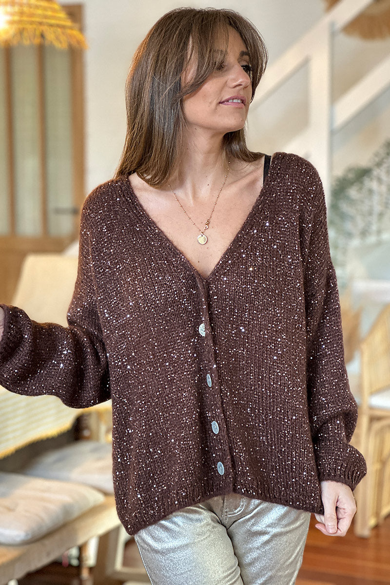 Chocolate Brown Sparkle Knit Button-Down Cardigan
