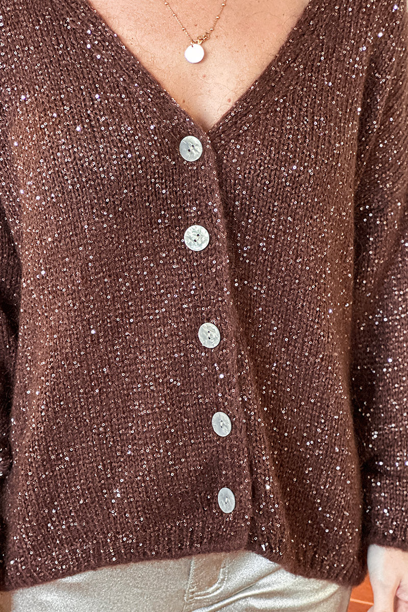 Chocolate Brown Sparkle Knit Button-Down Cardigan