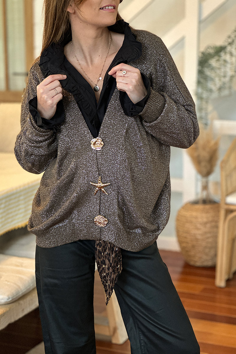 Charcoal Sparkle Knit Cardigan with Gold Buttons