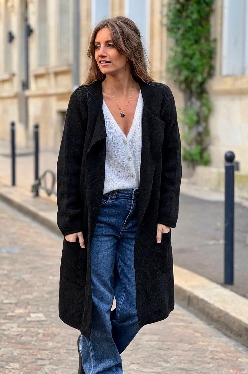 Black Wool Blend Knit Duster