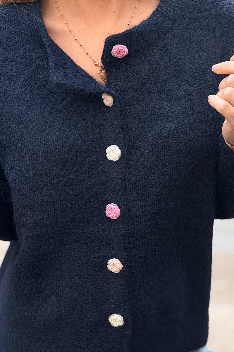 Navy Blue Rose Button Knit Cardigan