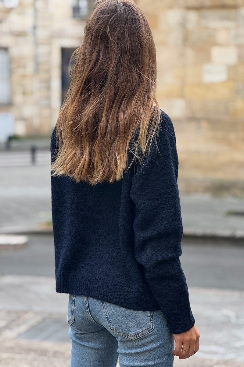 Navy Blue Rose Button Knit Cardigan