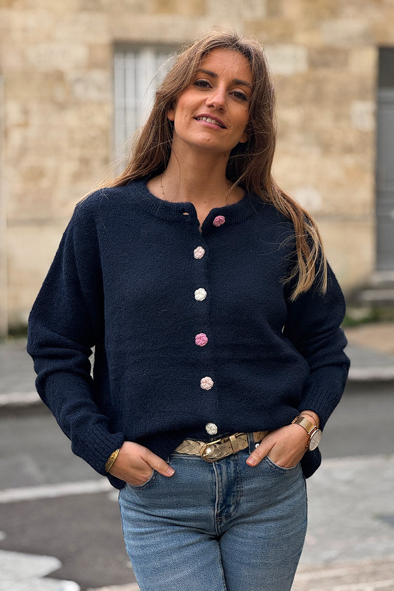 Navy Blue Rose Button Knit Cardigan