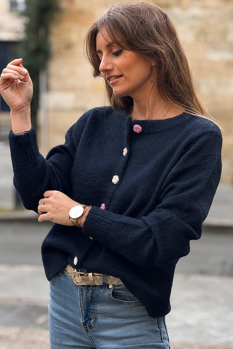 Navy Blue Rose Button Knit Cardigan