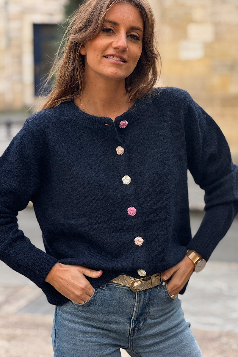 Navy Blue Rose Button Knit Cardigan