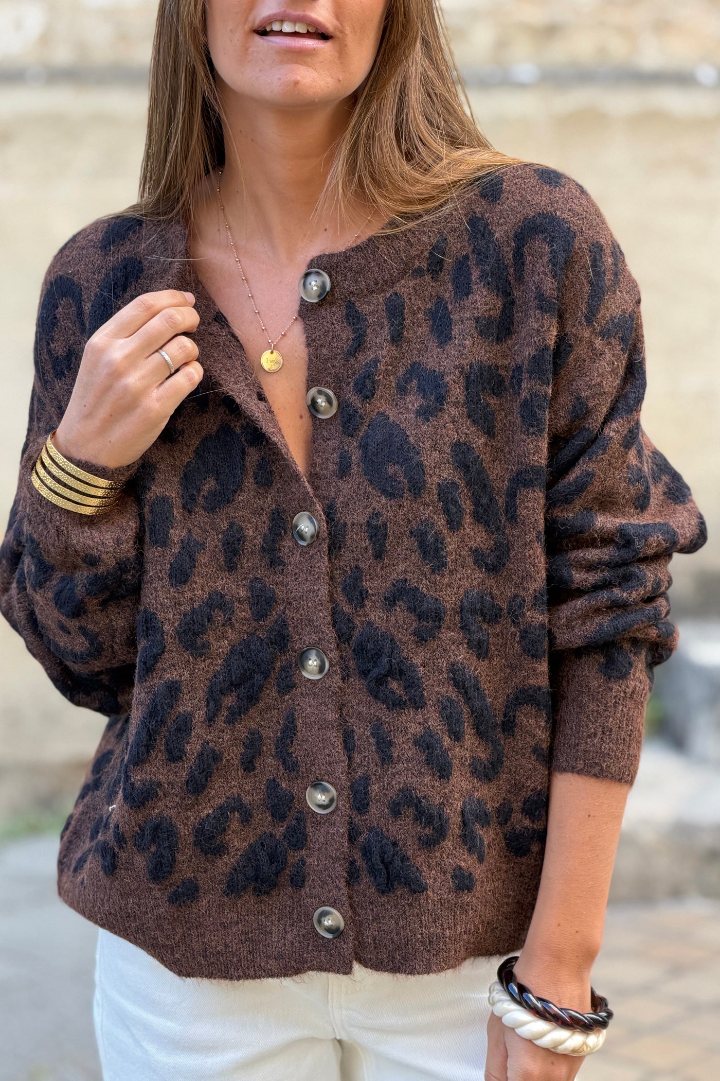 Gilet moelleux en maille motif léopard marron