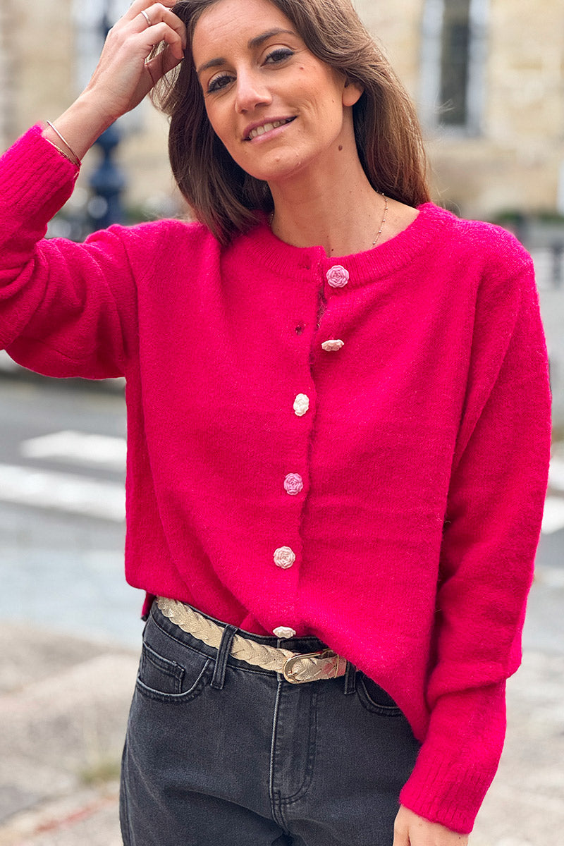 Hot Pink Rose Button Knit Cardigan
