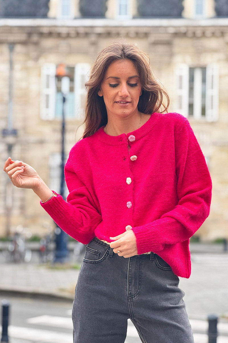 Hot Pink Rose Button Knit Cardigan