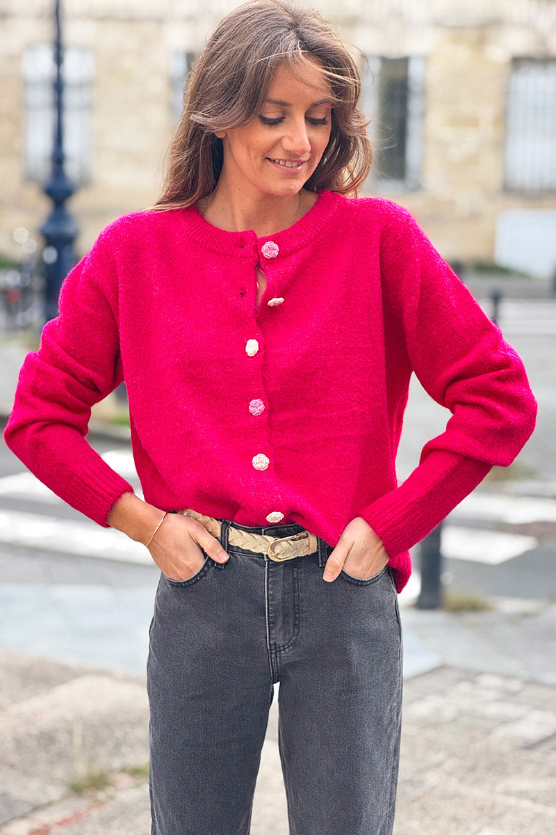Hot Pink Rose Button Knit Cardigan