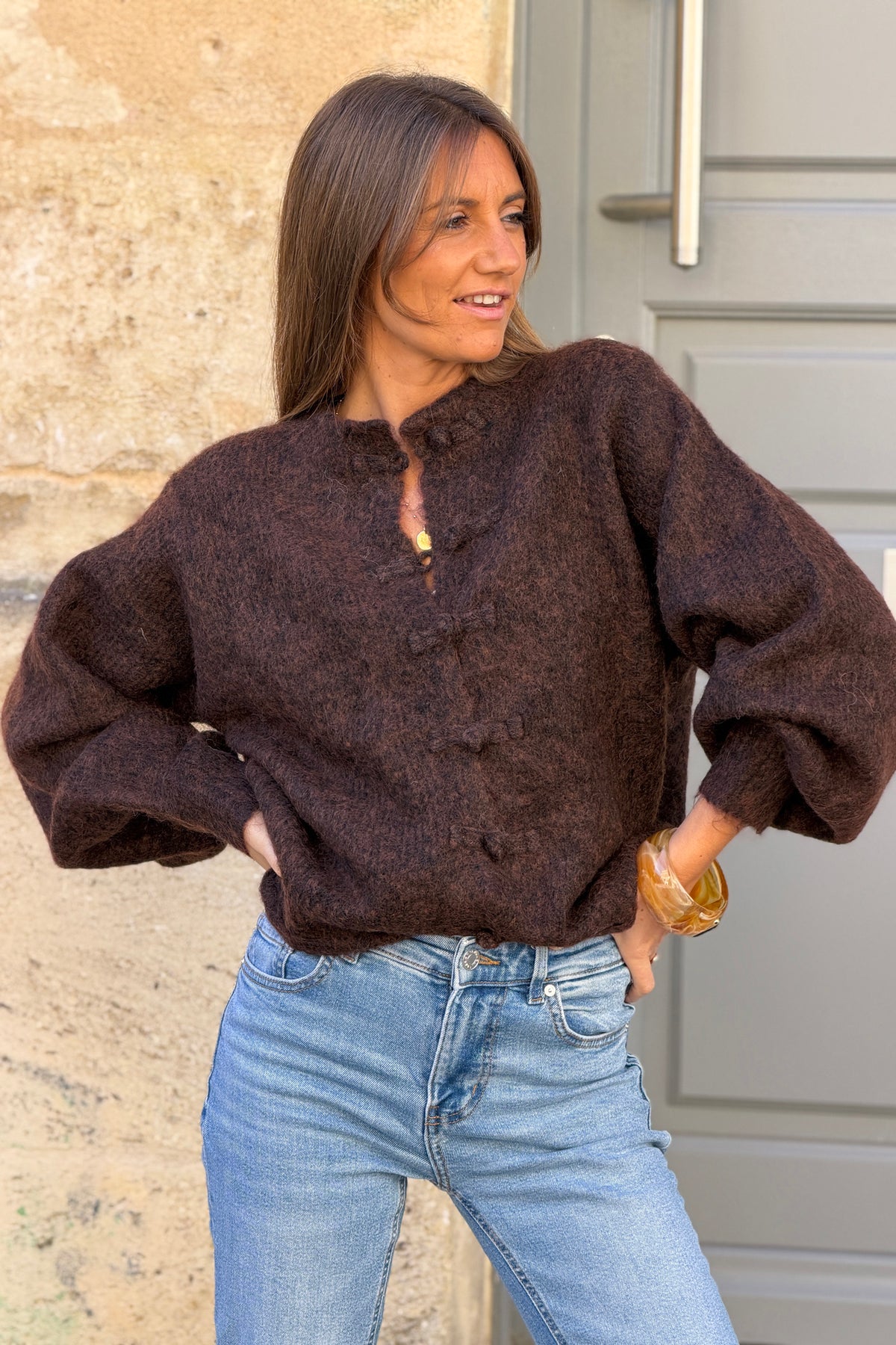 Chocolate Brown Marled Knit Mohair Sweater Jacket