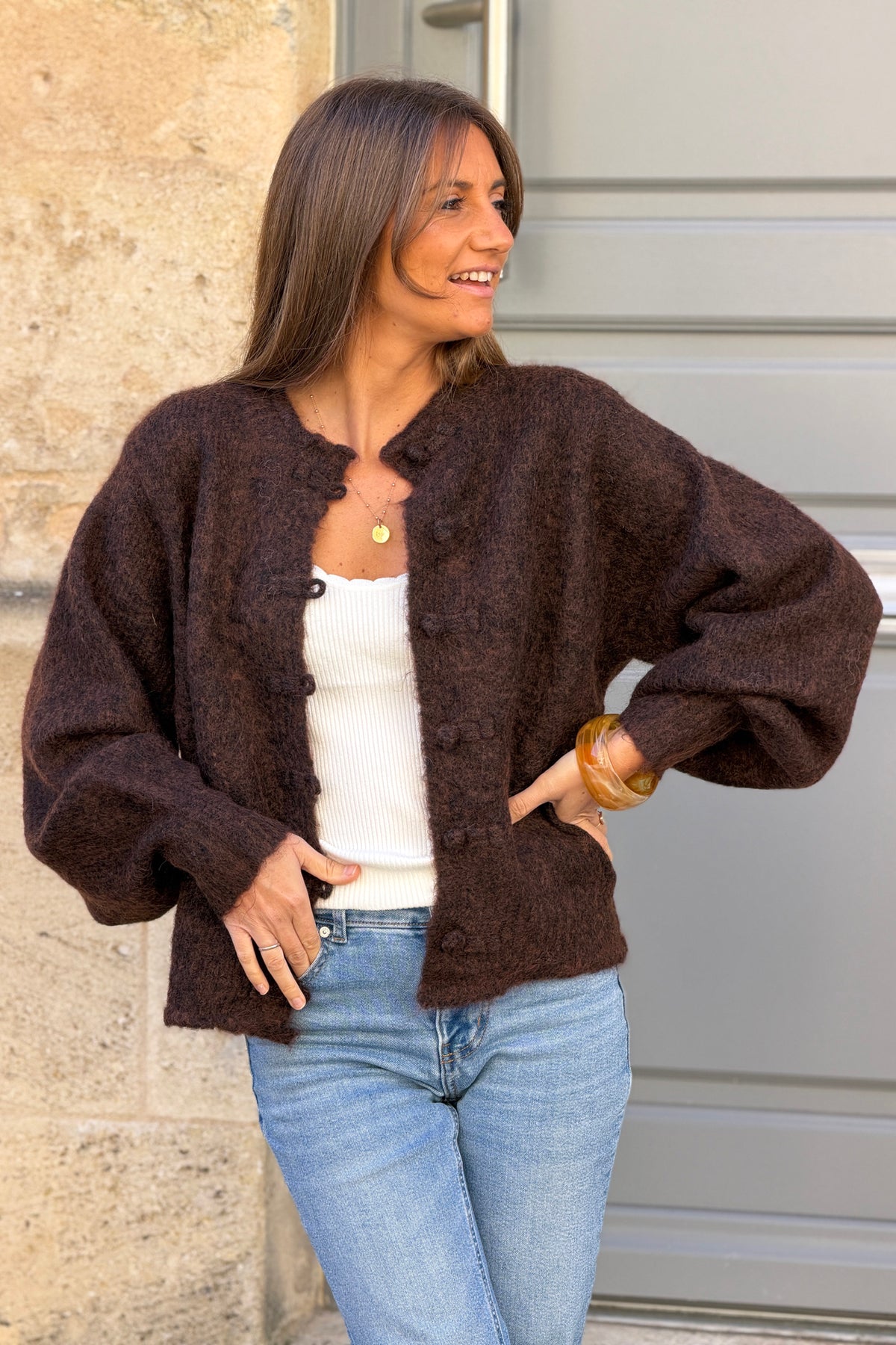 Chocolate Brown Marled Knit Mohair Sweater Jacket