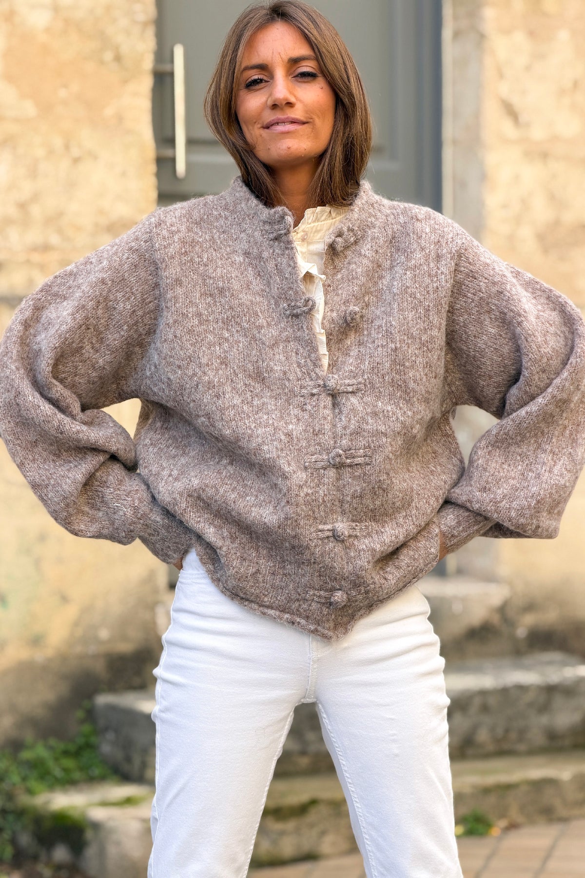 Taupe Marled Knit Mohair Sweater Jacket