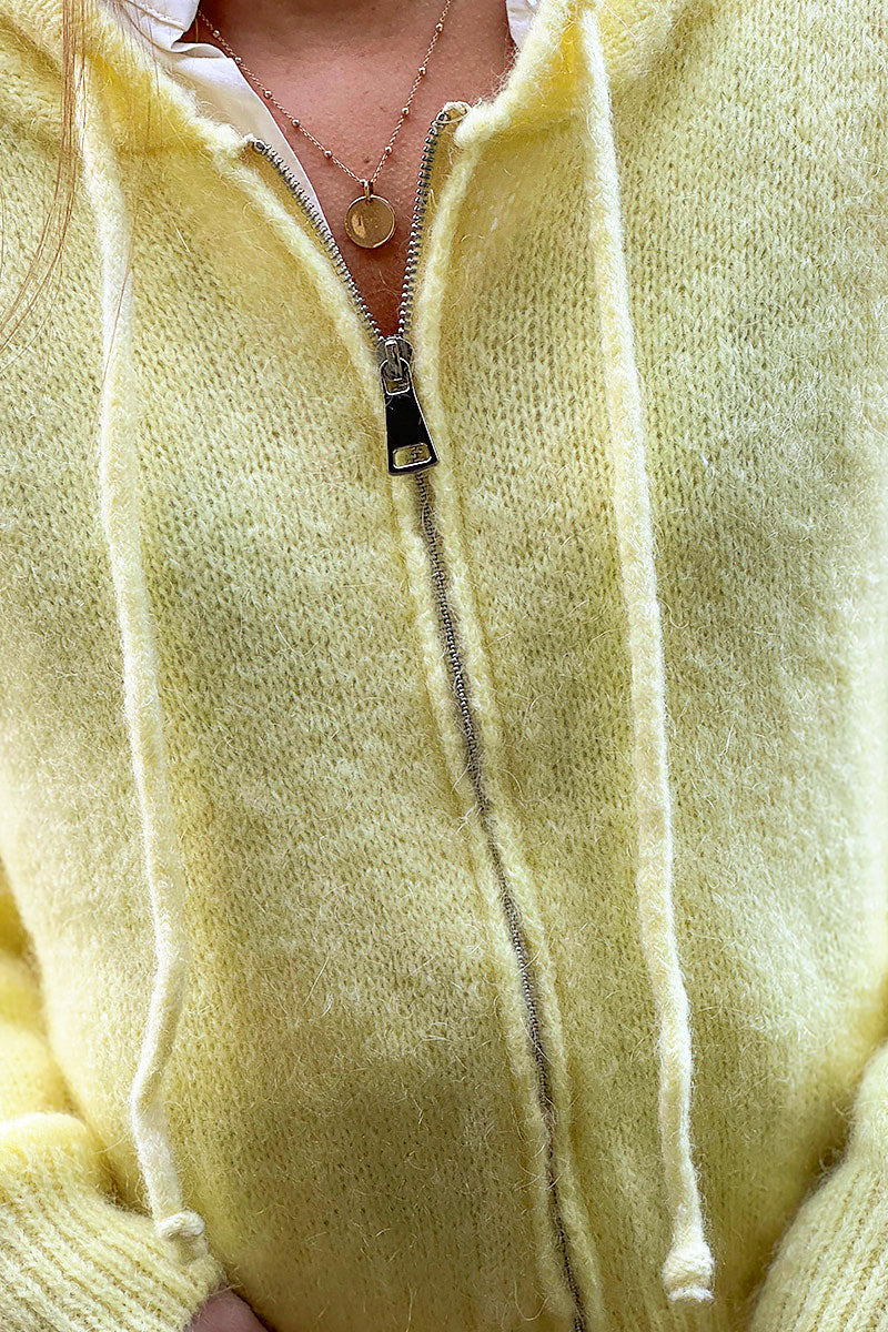 Butter Yellow Mohair Knit Zip-Front Hoodie