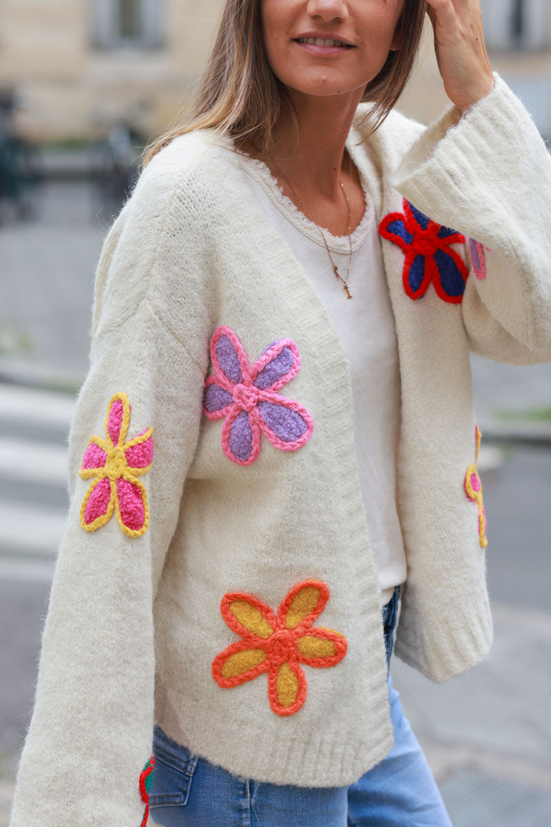 Ecru soft knit cardigan with vibrant flower embroidery