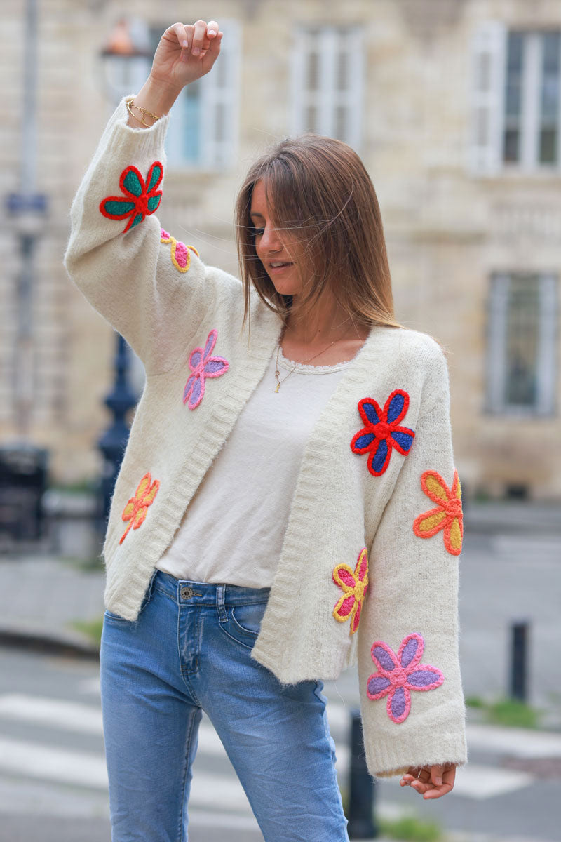 Ecru soft knit cardigan with vibrant flower embroidery